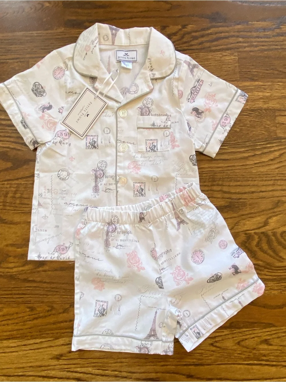 Petite Plume Girls' White & Pink Paris Musings Short Pajama‎ Set- Size 2 NWT